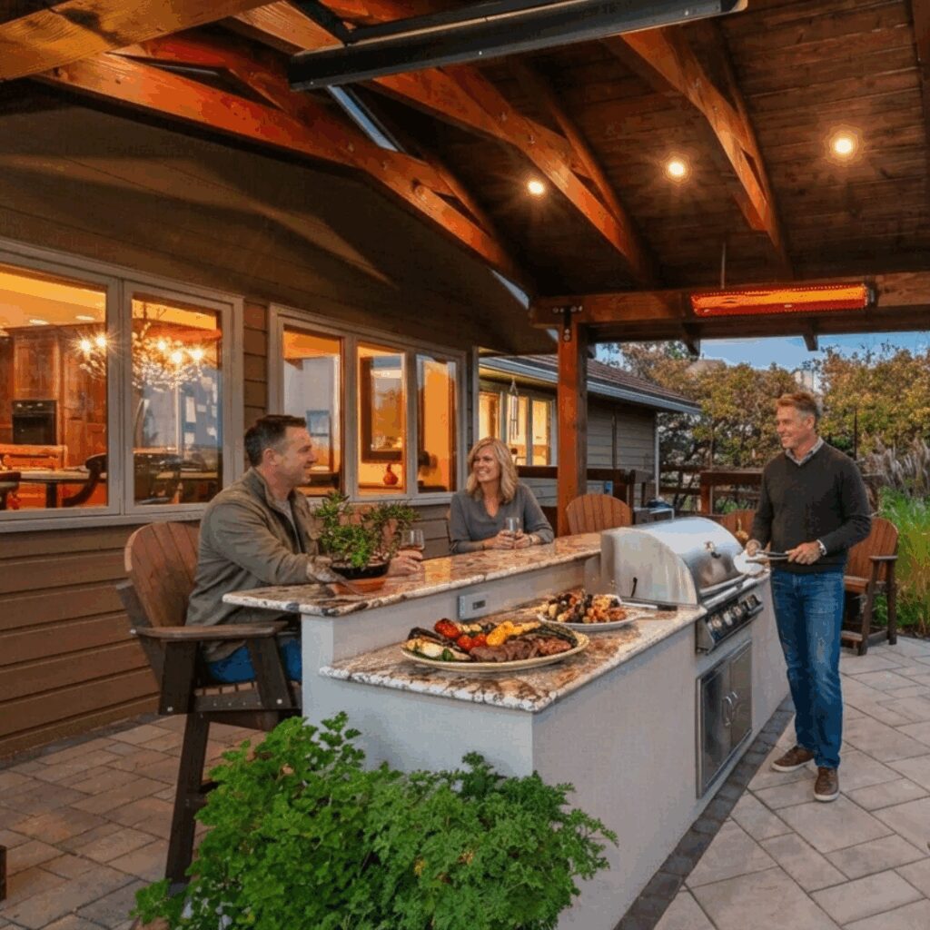 Bromic radiant heater above a covered patio and outdoor kitchen