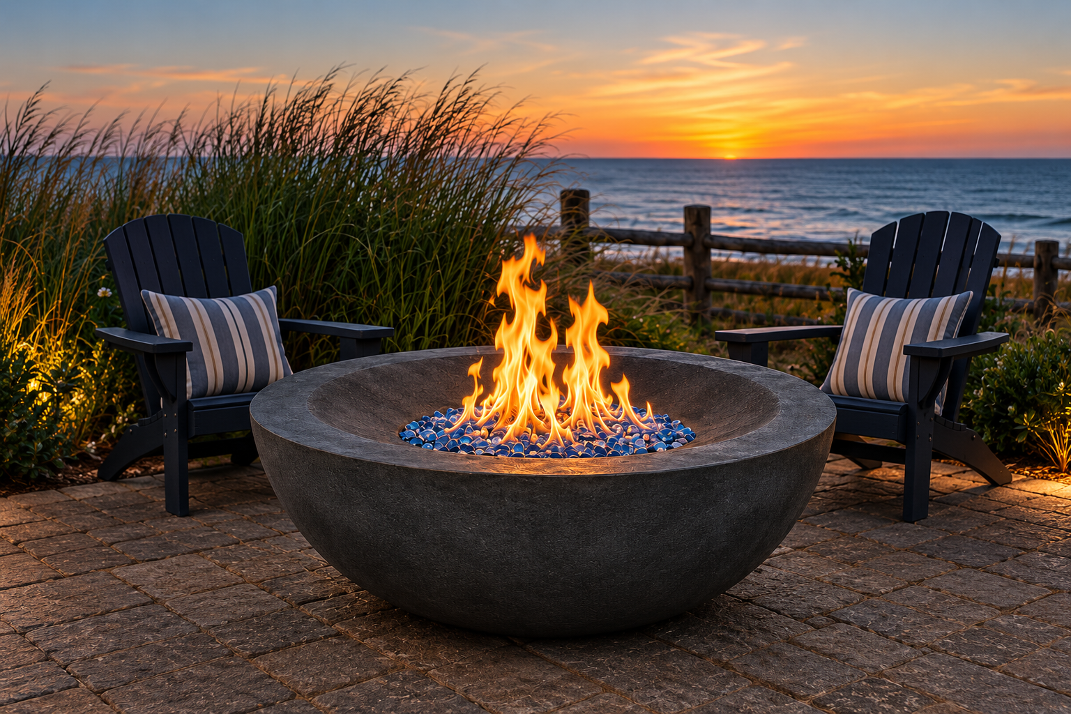 Round concrete fire pit glowing at coastal dusk