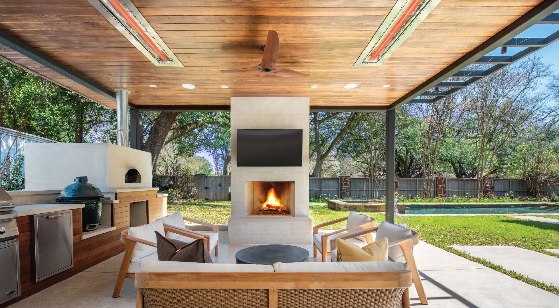 Overhead electric heating in a covered outdoor living space