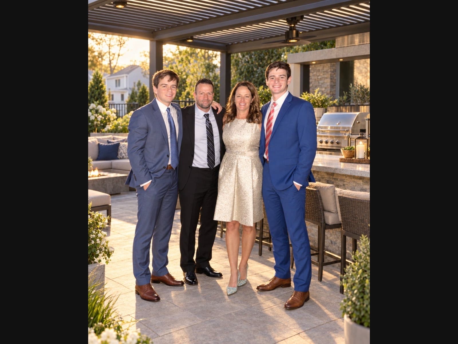 Cover photo of Shoreline Outdoor Kitchens’ Patch post, showing four people beside an outdoor kitchen under a pergola