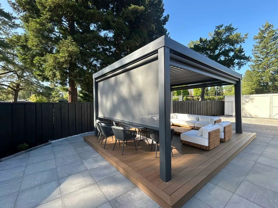 ShoreLux pergola with lounge seating and dining space